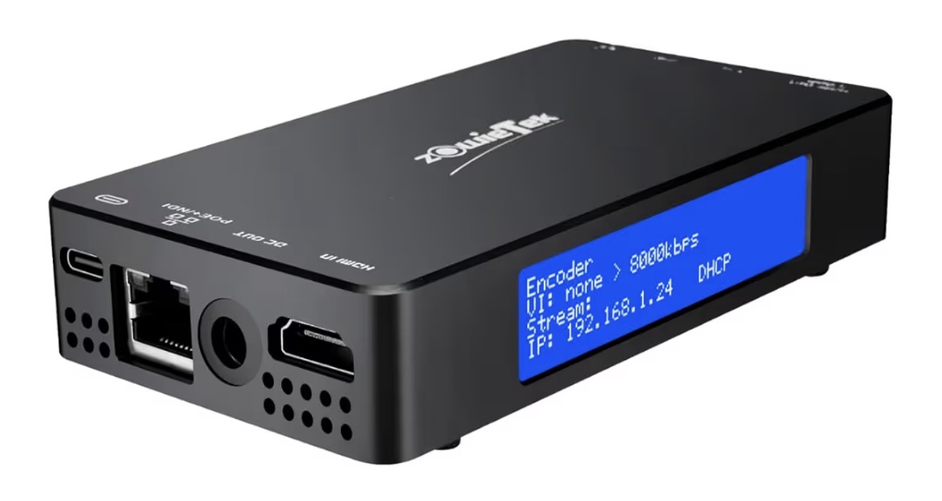 Owner-supplied Zowietek ZowieBox HDMI video encoder/decoder reference image, showing its blue display and connection ports.
