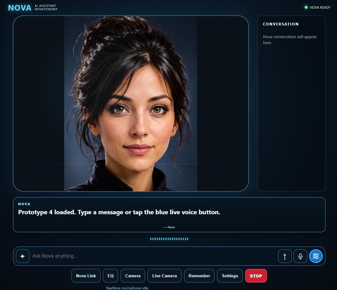Exact supplied Nova terminal screenshot, showing Nova's face, conversation area, composer, camera controls, EQ, Remember, Settings and STOP.