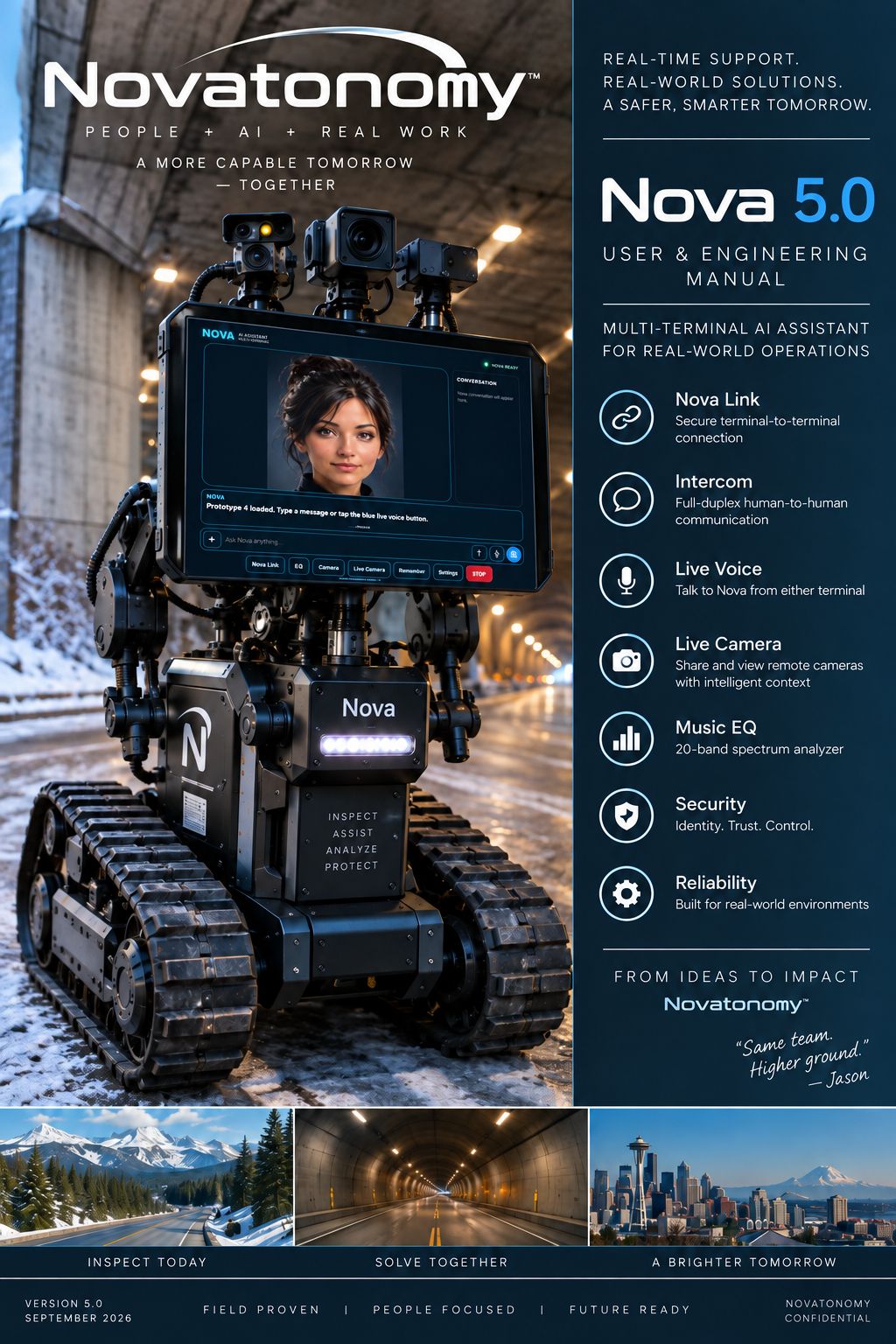 Supplied Nova 5.0 concept cover showing a tracked robot carrying a Nova terminal; the physical robot is a future platform direction.